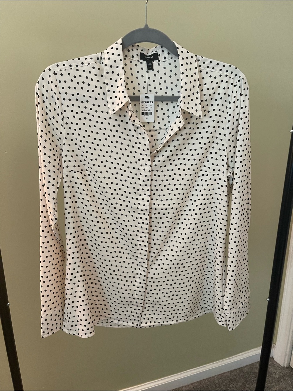 Express Black Polka Dot White Button-Up Blouse